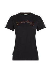 T-shirt nera in cotone, con un distintivo design ricamato arancione di animali che saltano sul petto. Maniche corte, colletto rotondo.