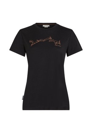Black t-shirt made of cotton, featuring a distinct orange embroidered design of leaping animals across the chest. Short sleeves, crew neck.