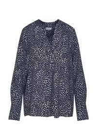 Blusa navy con motivo a pois bianchi, maniche lunghe, scollatura a V e vestibilità ampia. Realizzata in tessuto leggero, dalla consistenza morbida.