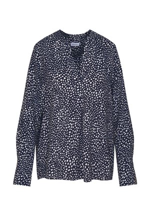 Marineblauwe blouse met een wit spikkels patroon, lange mouwen, v-hals en een losse fit. Gemaakt van lichtgewicht stof, zachte textuur.