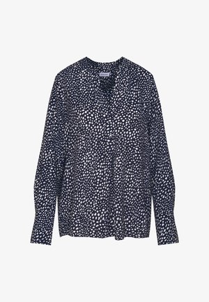 Navy blouse with white speckled pattern, long sleeves, v-neckline, and a loose fit. Made of lightweight fabric, soft texture.