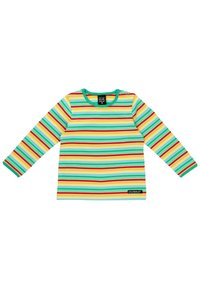 Langarmshirt mit horizontalen Streifen in Grün, Gelb, Rot und Blau auf einem hellen Hintergrund, mit einem runden Halsausschnitt und Etikett.