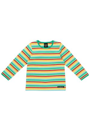 Langarmshirt mit horizontalen Streifen in Grün, Gelb, Rot und Blau auf einem hellen Hintergrund, mit einem runden Halsausschnitt und Etikett.