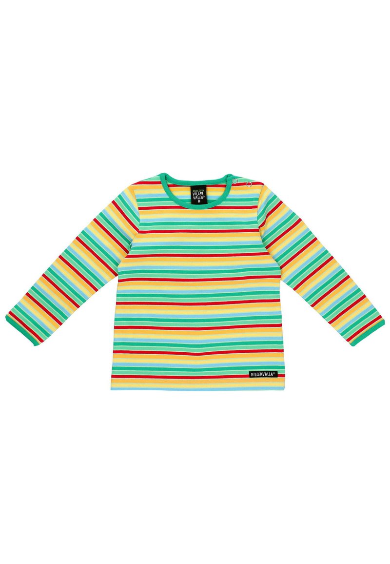 Langarmshirt mit horizontalen Streifen in Grün, Gelb, Rot und Blau auf einem hellen Hintergrund, mit einem runden Halsausschnitt und Etikett.