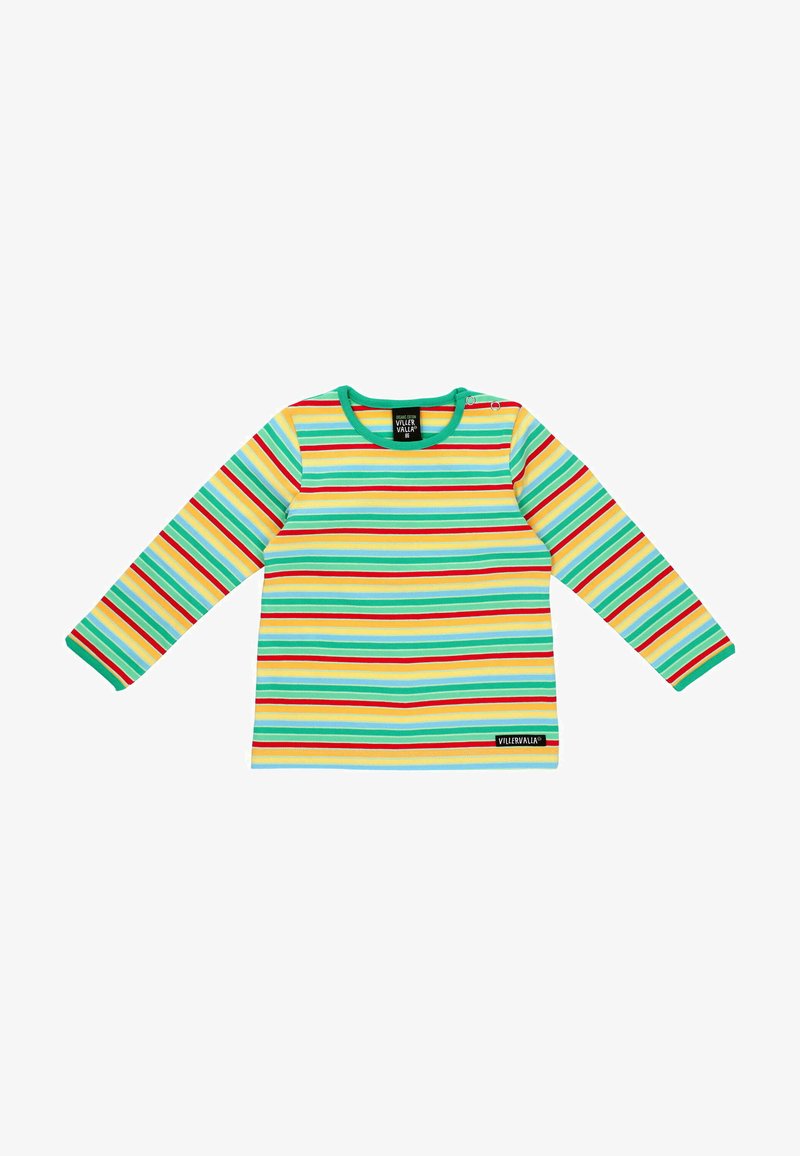 Maglietta a maniche lunghe con righe orizzontali verdi, gialle, rosse e blu su uno sfondo chiaro, con scollatura rotonda e etichetta.