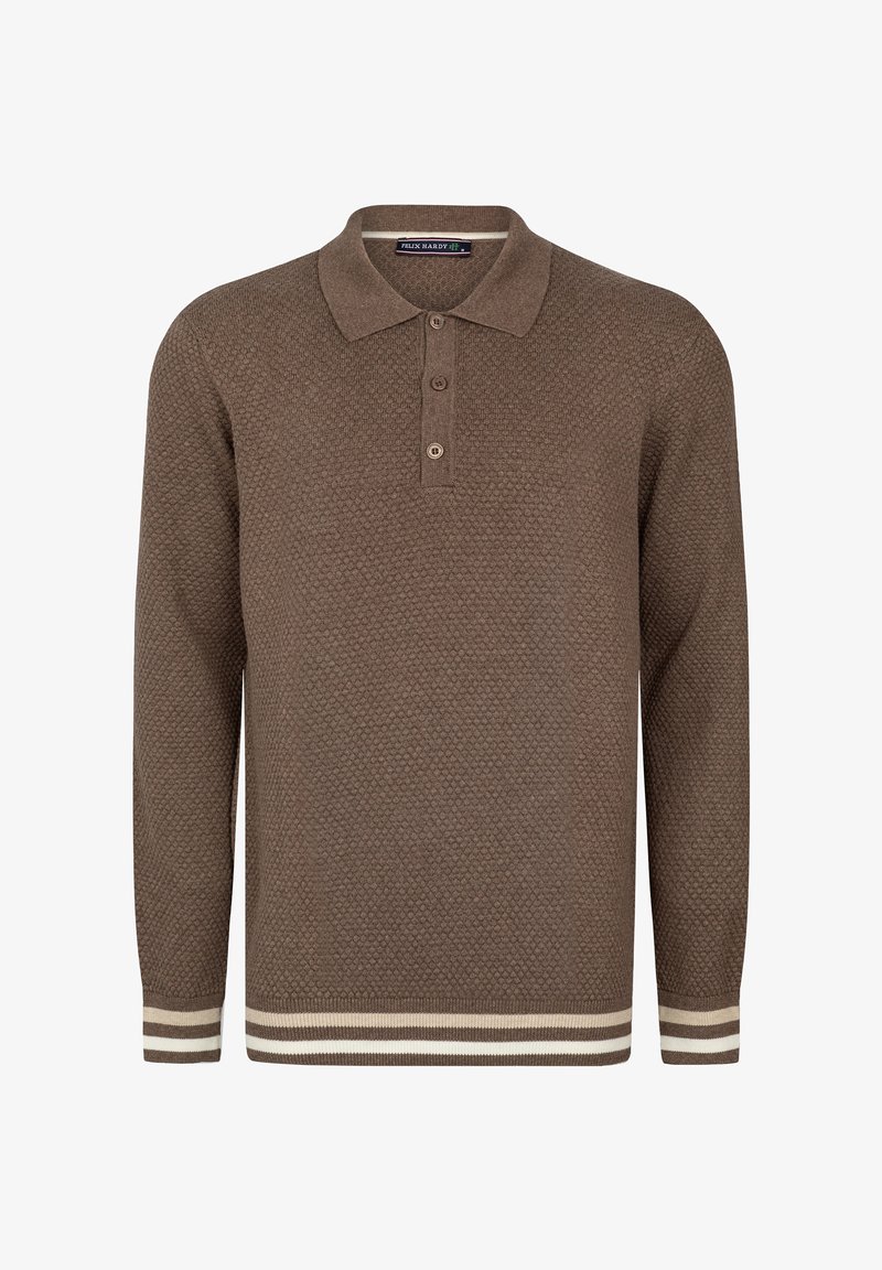 Brauner gestrickter Polopullover mit strukturiertem Muster, einer Leiste mit fünf Knöpfen und weißen Streifen am Ärmelbund.