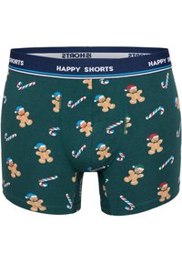Herrboxershorts i mörkgrön tyg med ett upprepat tryck av pepparkaksgubbar och godiskäppar. Elastisk midja med etikett "HAPPY SHORTS" i vitt.
