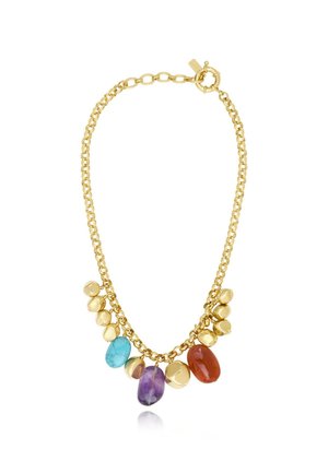 Collier en chaîne dorée orné d'un cluster de pierres précieuses colorées : turquoise, violet et rouge, accompagnées de doux accents dorés.
