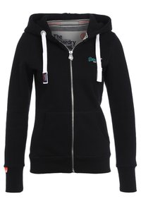 Sweat à capuche noir avec fermeture éclair, cordons blancs, poches avant et petit logo turquoise sur le côté gauche de la poitrine.