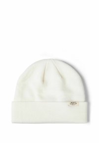 Bonnet en tricot blanc en tissu doux, doté d'un revers roulé et d'une petite étiquette avec la marque "Minoti Surplus" sur le côté.