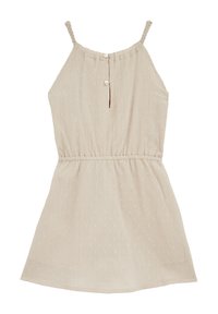 Bež obleko brez rokavov z pletenimi naramnicami, teksturirano tkanino, nežnim pikčastim vzorcem, elastičnim pasom in gumbom na izrezu.