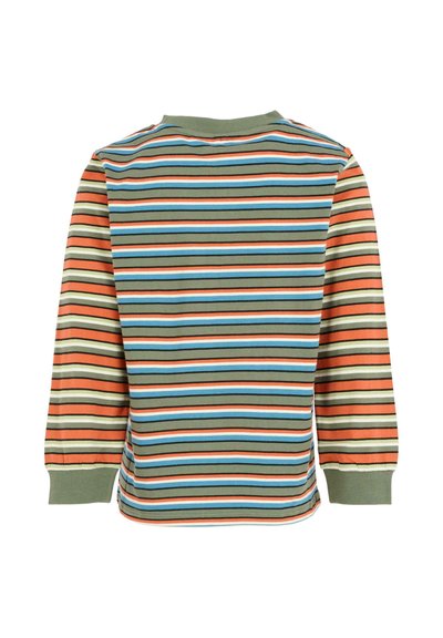 Camicia a maniche lunghe con righe orizzontali in verde, arancio, blu, beige e nero, con polsini e colletto verde oliva.