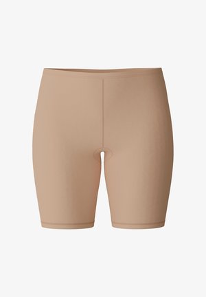 Beige stretchy shorts with a mid-thigh length, featuring a smooth texture and a small circular cutout at the base. Flat seams.