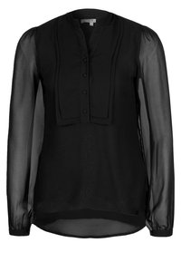 Schwarze Bluse mit V-Ausschnitt, durchsichtigen langen Ärmeln, Knopfleiste und gefältelten Details auf der Brust. Hergestellt aus leichtem Stoff.