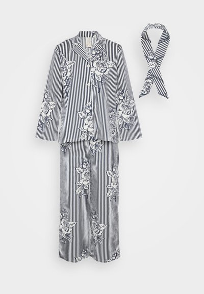 Navy and white striped pajama set with floral patterns, featuring a button-up shirt, wide-leg pants, and a matching scarf. Cotton material.