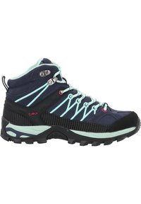 Scarpa da trekking a collare medio realizzata in suede e rete di colore blu navy con dettagli verde menta. Caratterizzata da suola robusta, punta rinforzata e occhielli in metallo.