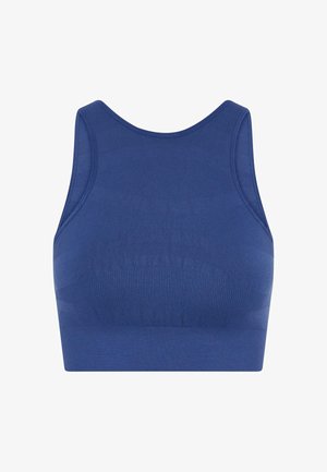 Modrá bezšvová športová podprsenka s zaobleným výstrihom, rebrovanou textúrou a priliehavým strihom. Obsahuje jemné vzorové akcenty na látke.