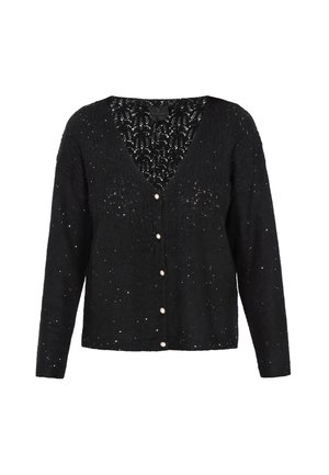 Black knitted cardigan with a V-neck, featuring a textured pattern and round buttons down the front. Light speckles throughout add detail.