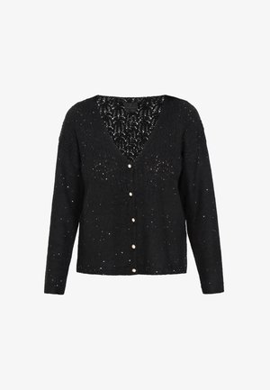 Black knitted cardigan with a V-neck, featuring a textured pattern and round buttons down the front. Light speckles throughout add detail.