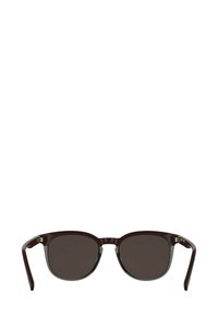 Brązowe prostokątne okulary przeciwsłoneczne z ciemnymi soczewkami, błyszczącymi oprawkami i złotymi akcentami na zausznikach. Płaski design o minimalistycznym wyglądzie.