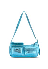 Metallic turquoise shoulder bag with adjustable strap, two front pockets, and a zippered main compartment. Smooth texture and modern design.