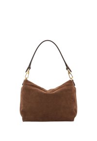 Brown suede handbag with a curved silhouette, a single leather handle, and gold hardware accents. Soft texture and minimalist design.
