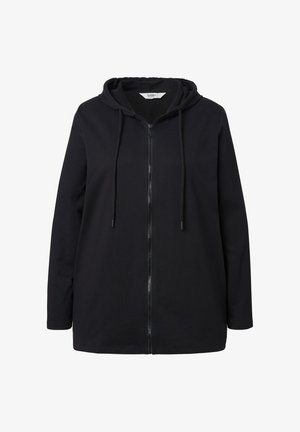 Felpa nera con zip realizzata in tessuto morbido, dotata di cappuccio con coulisse, maniche lunghe e vestibilità comoda. Design semplice, senza fantasie o dettagli.