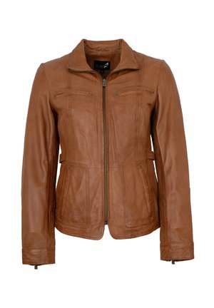 Braune Lederjacke mit Kragen, Reißverschluss und zwei oberen und unteren Taschen. Verfügt über Nähdetails und ein tailliertes Design.