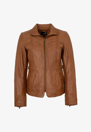 Braune Lederjacke mit Kragen, Reißverschluss und zwei oberen und unteren Taschen. Verfügt über Nähdetails und ein tailliertes Design.