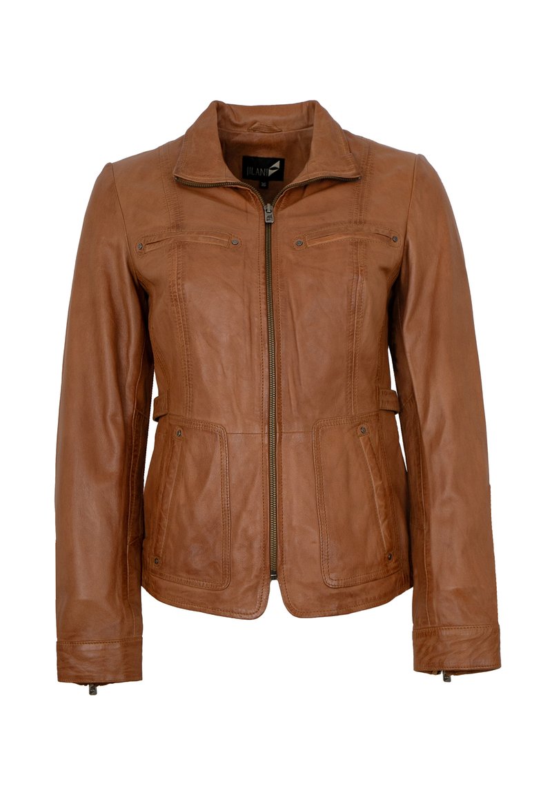 Braune Lederjacke mit Kragen, Reißverschluss und zwei oberen und unteren Taschen. Verfügt über Nähdetails und ein tailliertes Design.