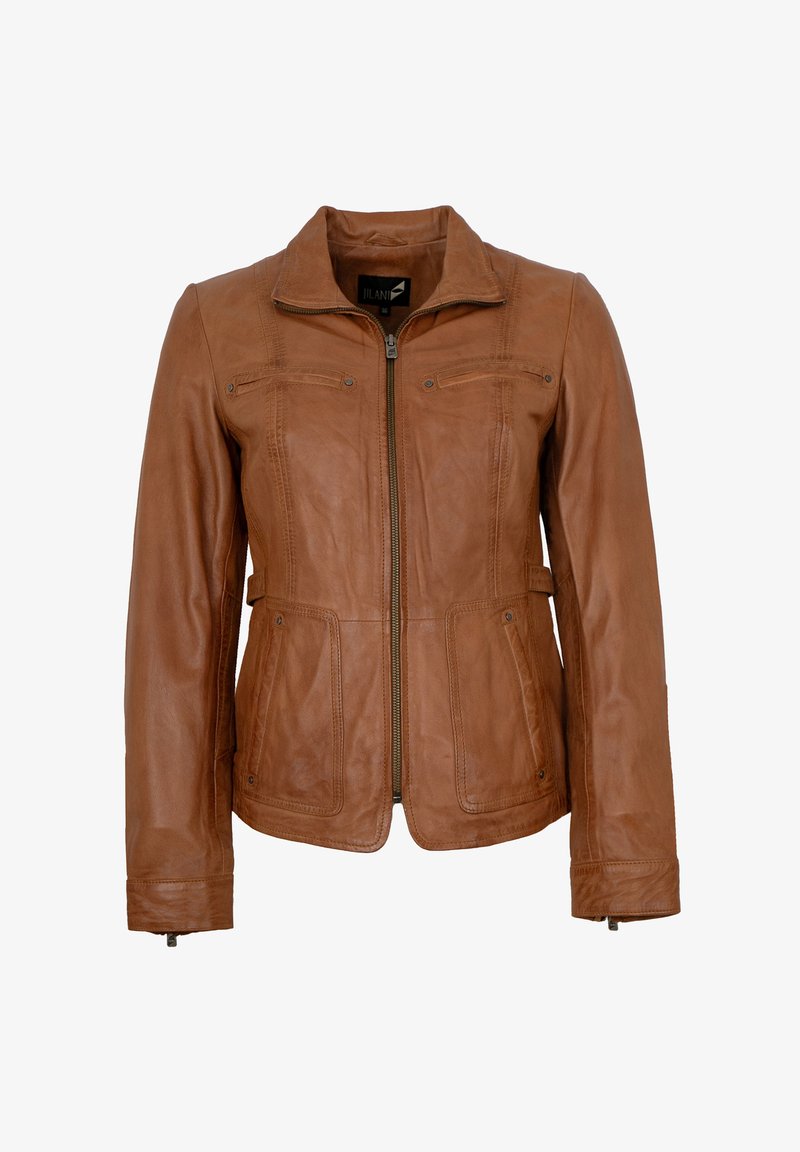 Braune Lederjacke mit Kragen, Reißverschluss und zwei oberen und unteren Taschen. Verfügt über Nähdetails und ein tailliertes Design.