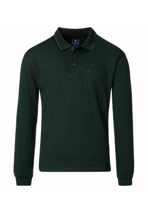 Grünes Langarm-Polohemd mit Kragen, drei Knöpfen und einer linken Brusttasche. Verfügt über grüne Akzentnähte am Kragen.