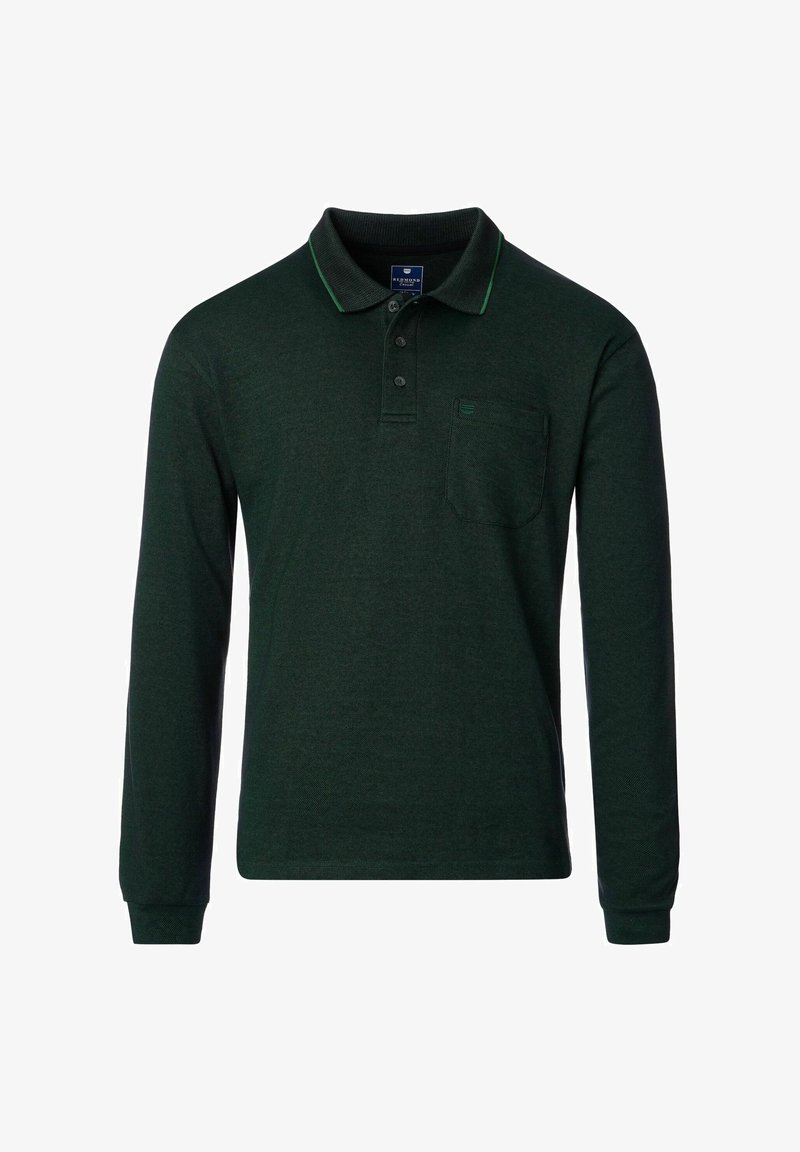 Grünes Langarm-Polohemd mit Kragen, drei Knöpfen und einer linken Brusttasche. Verfügt über grüne Akzentnähte am Kragen.