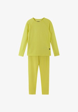 Long-sleeve top and leggings set in bright yellow. Made of textured fabric with a crew neck and raglan sleeves. Features logo tag on side.