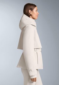 Svijetlosmeđi kaput s visokim ovratnikom i kapuljačom, koji ima skraćeni dizajn, duge rukave i pojas u struku. Glatka tekstura i minimalni detalji.