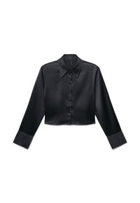 Schwarze, kurze Satinbluse mit langen Ärmeln, spitzem, perforiertem Kragen, perforierten Manschetten und durchgehender Knopfleiste.