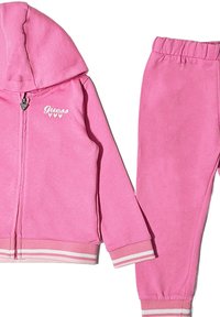Tuta in pile rosa composto da una felpa con zip con logo e dettagli a righe, abbinata a pantaloni coordinati per un aspetto omogeneo.
