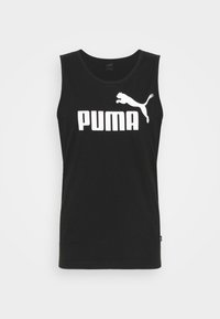 Top preto sem mangas em algodão com decote redondo. Apresenta um grande logótipo branco "PUMA" e um gráfico de puma a saltar na parte da frente.