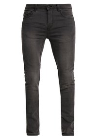 Svarta slim-fit jeans i denim med en slät yta, med framfickor och subtila blekningsdetaljer. Metallknapp och dragkedjestängning.