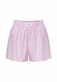 Różowe i białe szorty w kratkę gingham z elastycznym paskiem w talii i metką "STAY COOL". Bawełniany materiał, luźny krój, do kolan.