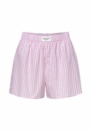 Różowe i białe szorty w kratkę gingham z elastycznym paskiem w talii i metką "STAY COOL". Bawełniany materiał, luźny krój, do kolan.