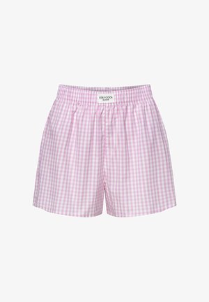 Różowe i białe szorty w kratkę gingham z elastycznym paskiem w talii i metką "STAY COOL". Bawełniany materiał, luźny krój, do kolan.