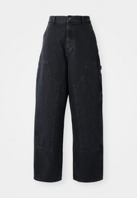 Sorte denim bredbukser med høy livlinje, to store frontlommer og kneppestang i midjen. Glatt tekstur, uformelt design.