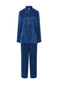 Conjunto de pijama azul marino con patrón de estrellas blancas, que incluye una camisa de botones con cuello y mangas largas, y pantalones a juego con dobladillos con puños.