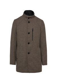 Bruine textuurjas met hoge kraag, een sluiting met knopen aan de voorkant en een ritszak. Heeft zijzakken en een getailleerde pasvorm.