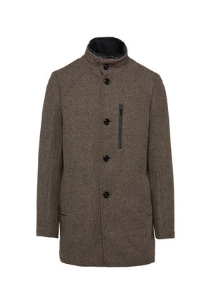 Brauner strukturierten Mantel mit hohem Kragen, durchgehender Knopfleiste und einer Reißverschlusstasche. Verfügt über seitliche Taschen und einen taillierten Schnitt.