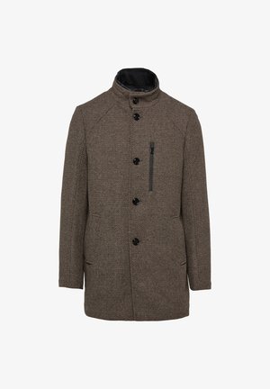 Brauner strukturierten Mantel mit hohem Kragen, durchgehender Knopfleiste und einer Reißverschlusstasche. Verfügt über seitliche Taschen und einen taillierten Schnitt.