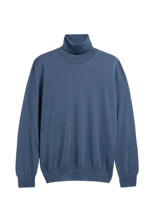 Jersey azul de cuello alto y manga larga con puños y dobladillo acanalados, exhibido sobre fondo blanco.