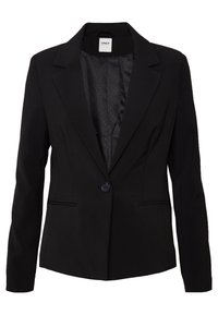 Blazer nero in tessuto morbido, con colletto a punta, chiusura a un pulsante e due tasche frontali. Interno foderato con un motivo a pois.