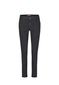 Mustad, veniv denim teksad, millel on kitsas lõige, viie-tasku disain, nööpkinnitus ja mugavuse tagamiseks elastne vöökoht.